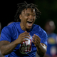 Florida quarterback Anthony Richardson celebrates after making deep throw at the Manning Passing Academy on the Nicholls State University campus in Thibodaux, La. Friday, June 24, 2022.